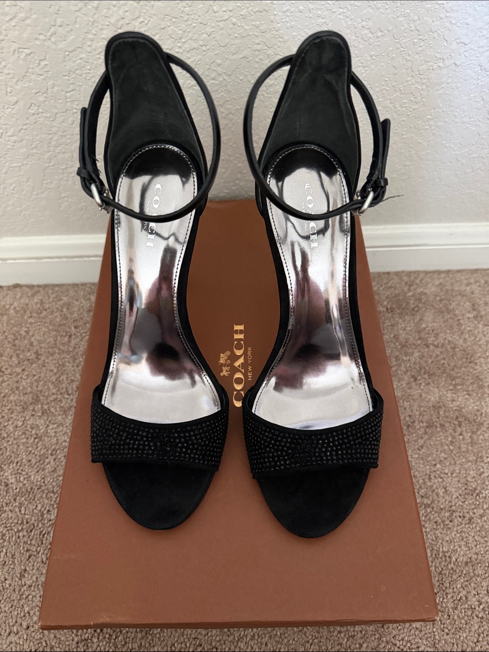 COACH Black Suede Ankle-Strap Open-Toe Heels with Crystal Band